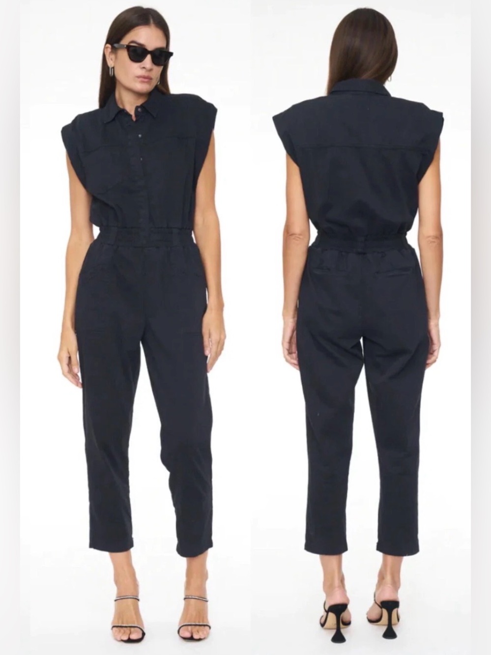 Pistola Rosie Utility Jumpsuit Black Minimalist Safari Cotton Snap Front Size XS